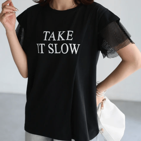 袖メッシュ切替デザインロゴTシャツ