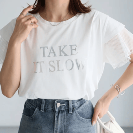 袖メッシュ切替デザインロゴTシャツ