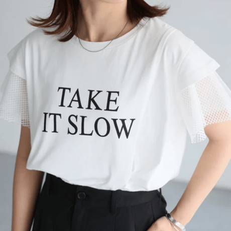 袖メッシュ切替デザインロゴTシャツ