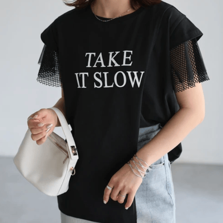 袖メッシュ切替デザインロゴTシャツ
