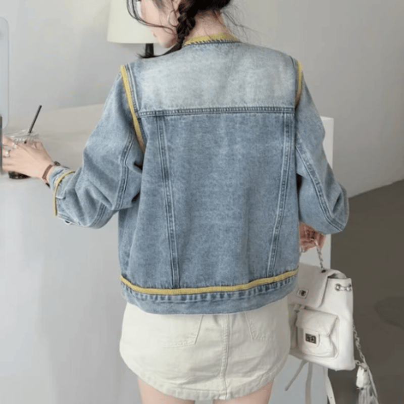 美奈代セレクト　新品未使用ノーカラーデニムジャケット カラーパイピングデザインデニムジャケット | Minayo Select