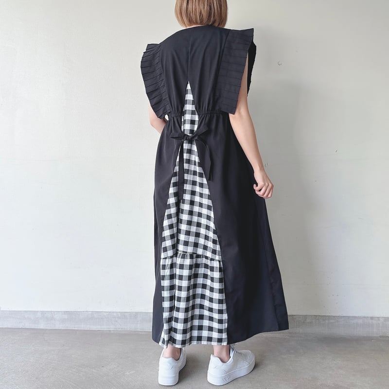 バックスリットチェック柄肩プリーツワンピース | Minayo Select
