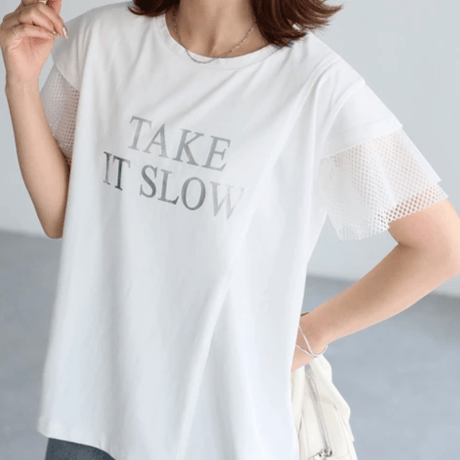 袖メッシュ切替デザインロゴTシャツ