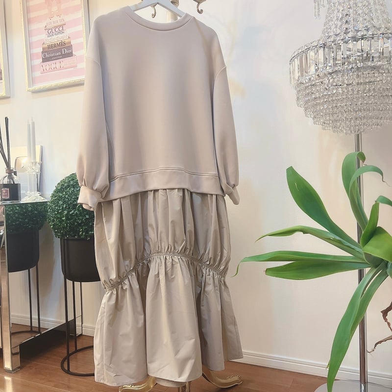 ドッキングギャザーワンピース Bab / Bou Jeloud｜【低身長向けサイズあり】異素材ドッキング