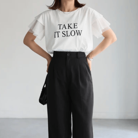 袖メッシュ切替デザインロゴTシャツ