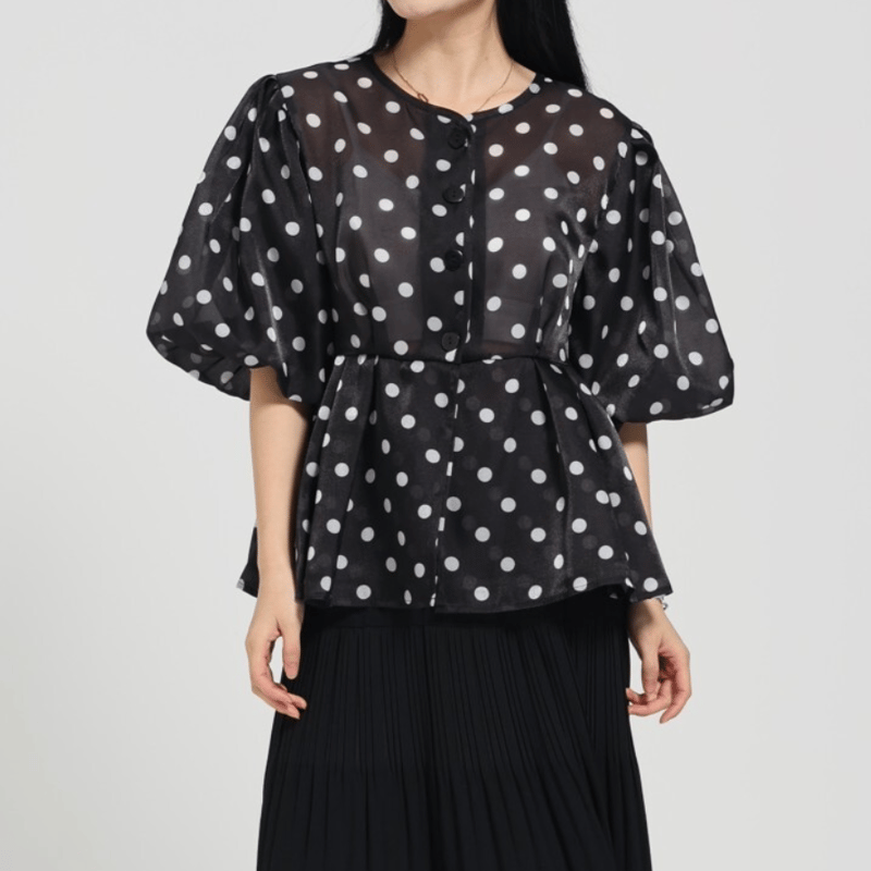 2回着用、ペプラムブラウス♡ドット ピンドット タック ペプラム ブラウス HUIT 全2色｜hit831-0158【1