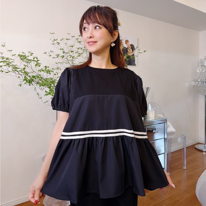 配色ラインペプラム半袖トップス | Minayo Select