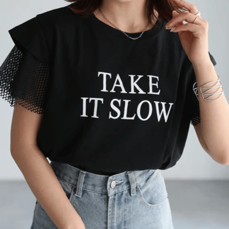 袖メッシュ切替デザインロゴTシャツ