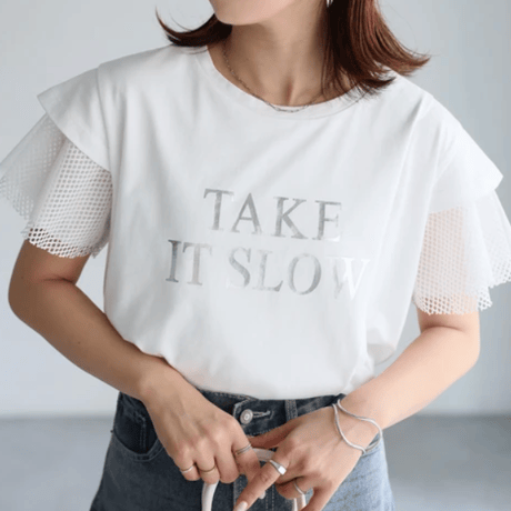 袖メッシュ切替デザインロゴTシャツ