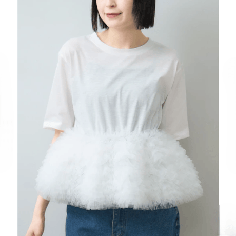 【パドカレ】レーヨンギャザーシャツ ブラック チュールレース 半袖 STYLEMIXER | ギャザースリーブチュールトップ (シャツ・ブラウス
