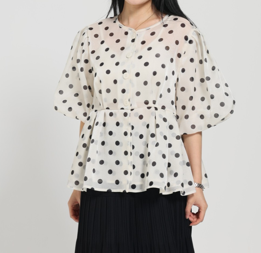 2回着用、ペプラムブラウス♡ドット シアードット柄ペプラムブラウス | Minayo Select