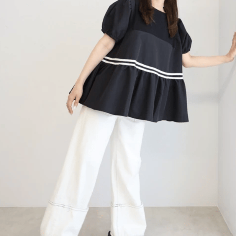配色ラインペプラム半袖トップス | Minayo Select