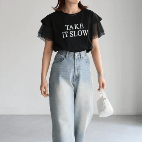 袖メッシュ切替デザインロゴTシャツ