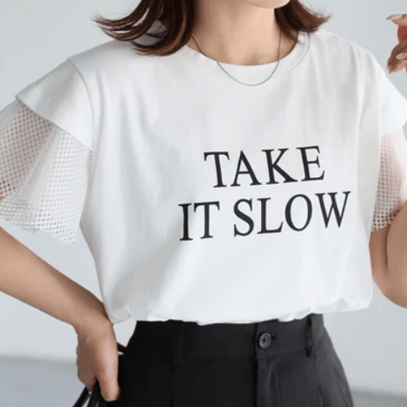 袖メッシュ切替デザインロゴTシャツ