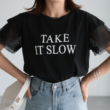 袖メッシュ切替デザインロゴTシャツ