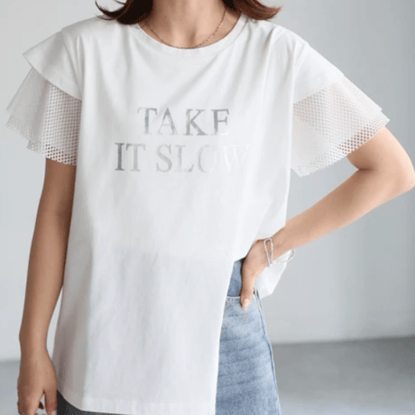 袖メッシュ切替デザインロゴTシャツ