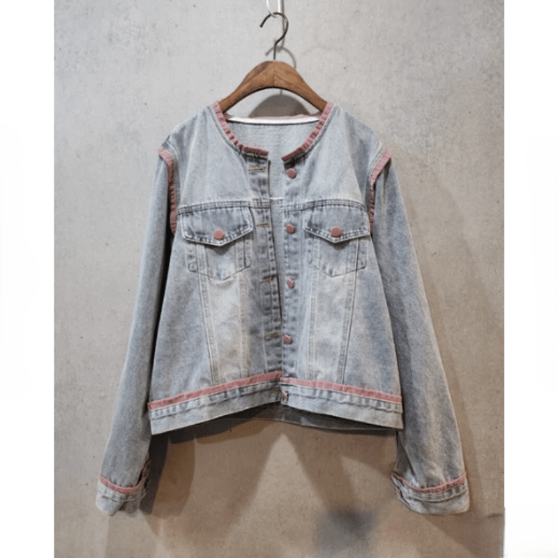 美奈代セレクト　新品未使用ノーカラーデニムジャケット カラーパイピングデザインデニムジャケット | Minayo Select