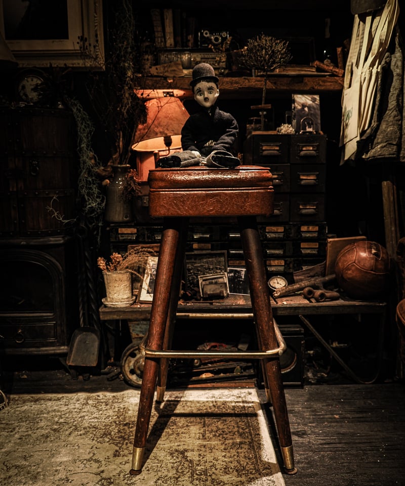 Mid-Century Wooden & Leather High Stool / 1950s