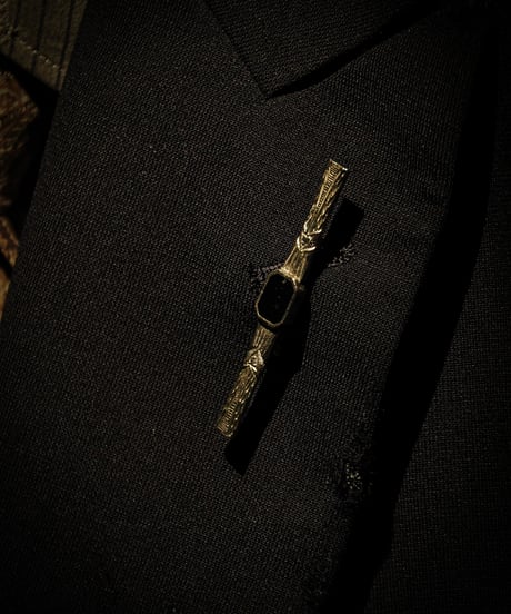 Mid-Century Engraved Bar Brooch with Black Glass Stone