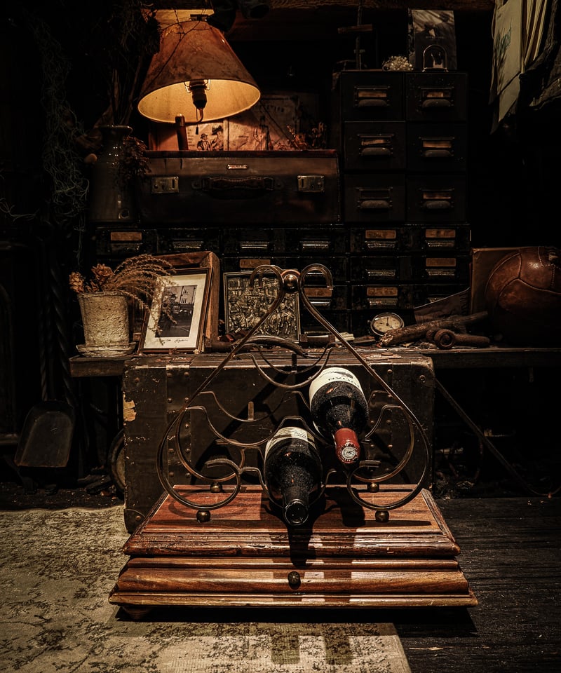 Mid-Century Wrought Iron & Wooden Wine Rack / c