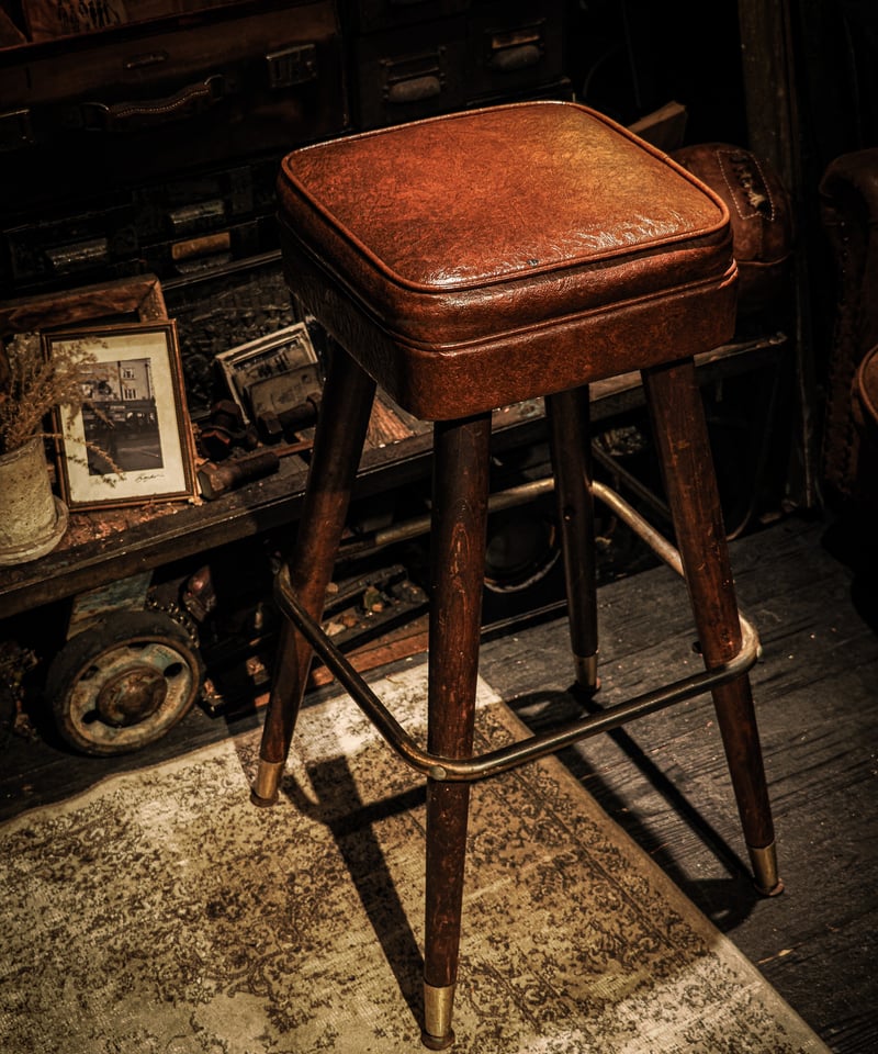 Mid-Century Wooden & Leather High Stool / 1950s