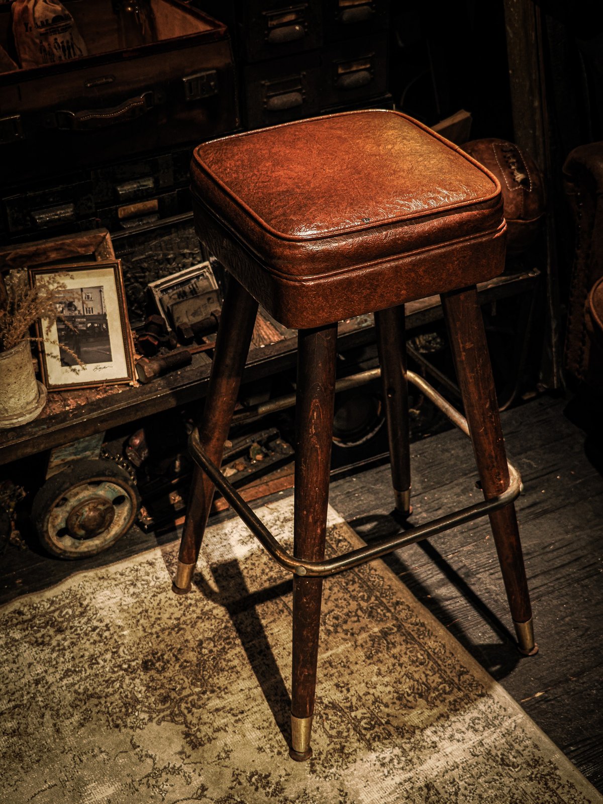 Mid-Century Wooden & Leather High Stool / 1950s