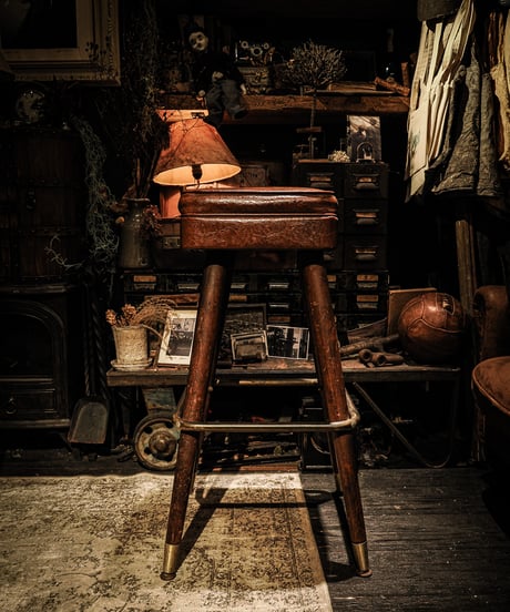 Mid-Century Wooden & Leather High Stool / 1950s Industrial Style