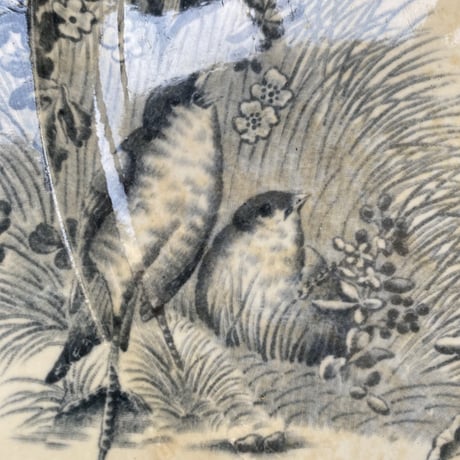 19世紀　ボルドー  オワゾー　 プラ・オーヴァル　ひなげしと小鳥柄　ブルー