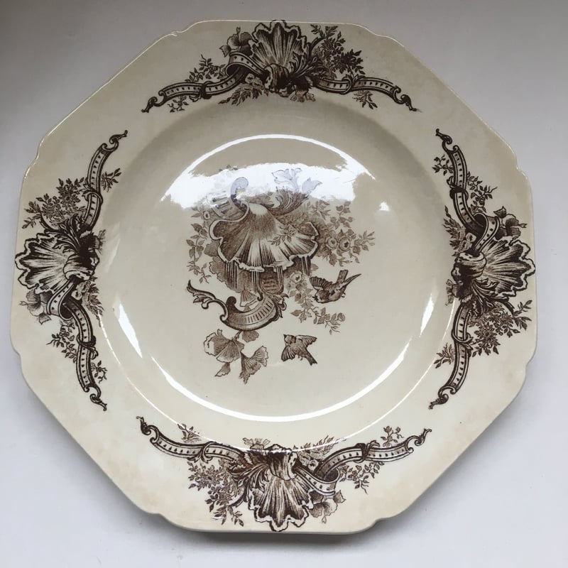 フランスアンティークショワジー・ル・ロワプレートオクトゴナル小鳥