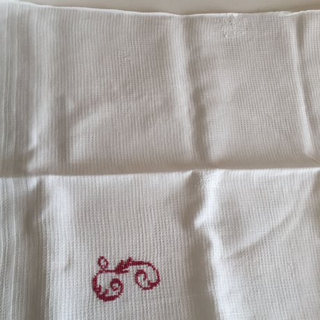 19世紀　トーション　布巾　ワッフル・コットン　刺繍、フレンジ付き　２点セット