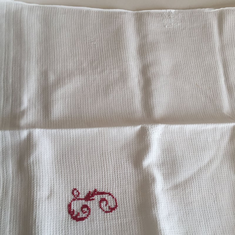 19世紀 トーション 布巾 ワッフル・コットン 刺繍、フレンジ付き 2点