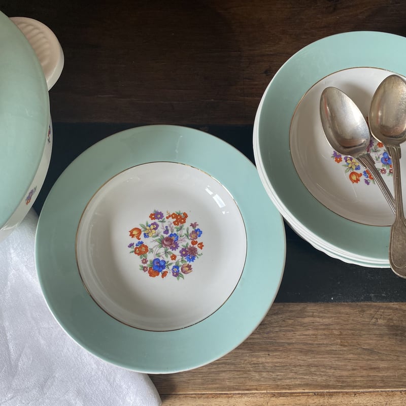 フランス サンタマン プレート セラドングリーン アンティーク