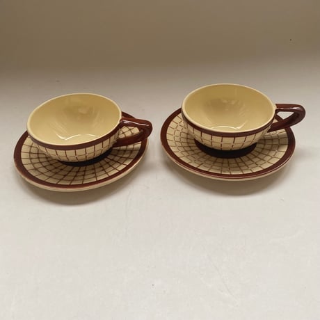 1930年代　リュネヴィル？　ティーセット　ショコラショー色　チェック