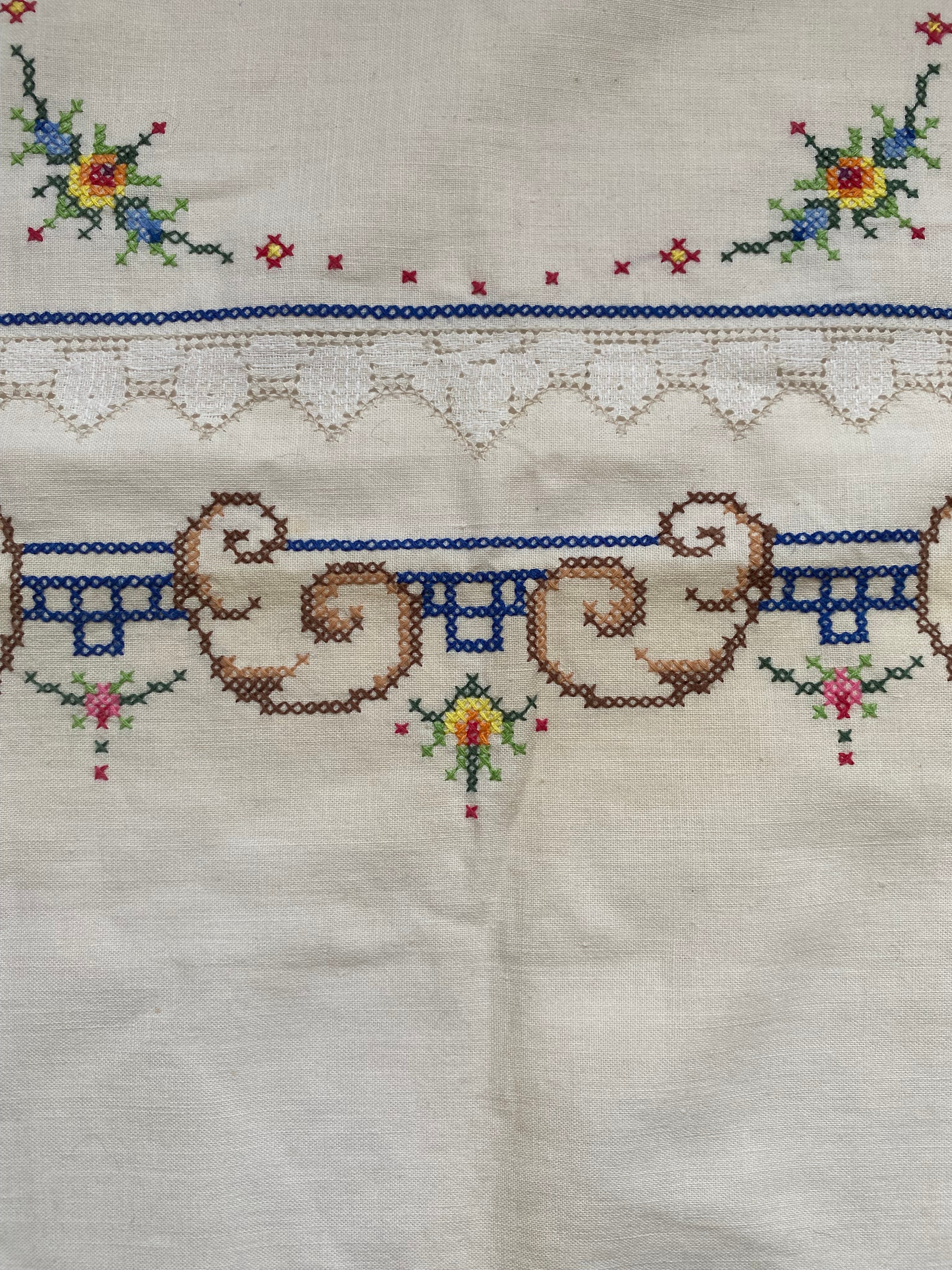 1950年代 イタリア空軍 テーブルクロスとナプキンセット 刺繍 1950年代 プチ・ナップとセルヴィエット コットン マルチカラー刺繍