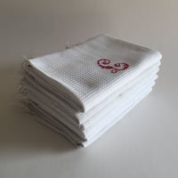 19世紀　トーション　布巾　ワッフル・コットン　刺繍、フレンジ付き　２点セット