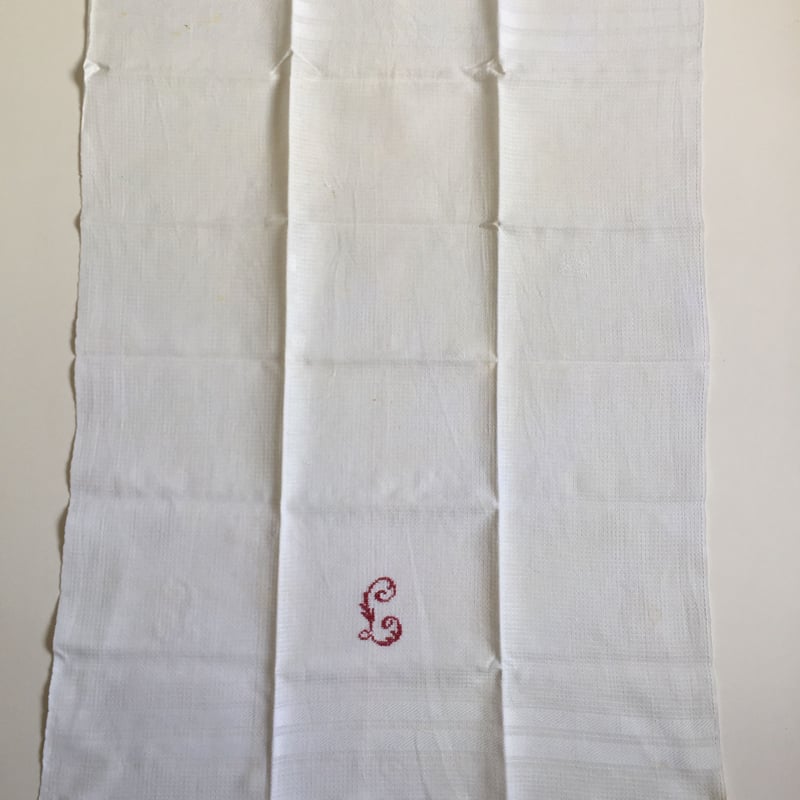 19世紀 トーション 布巾 ワッフル・コットン 刺繍、フレンジ付き 2点