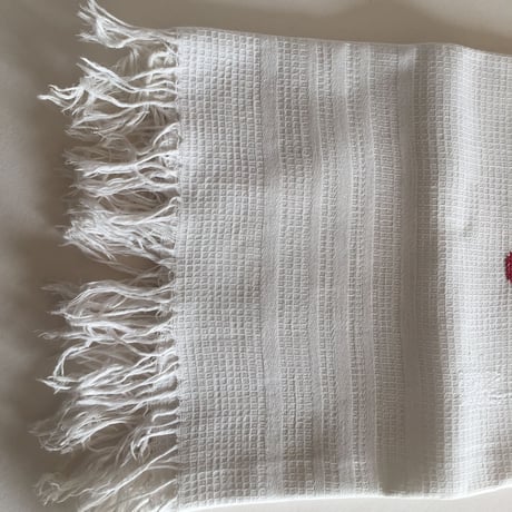 19世紀　トーション　布巾　ワッフル・コットン　刺繍、フレンジ付き　２点セット