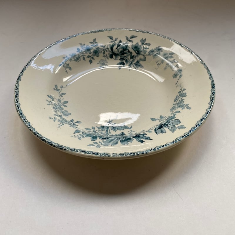 19世紀 スーププレート ばらとひなげし柄 デカルコマニー ブルー 1
