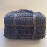 19世紀　パニエ　柳製　革の取っ手　ブラック