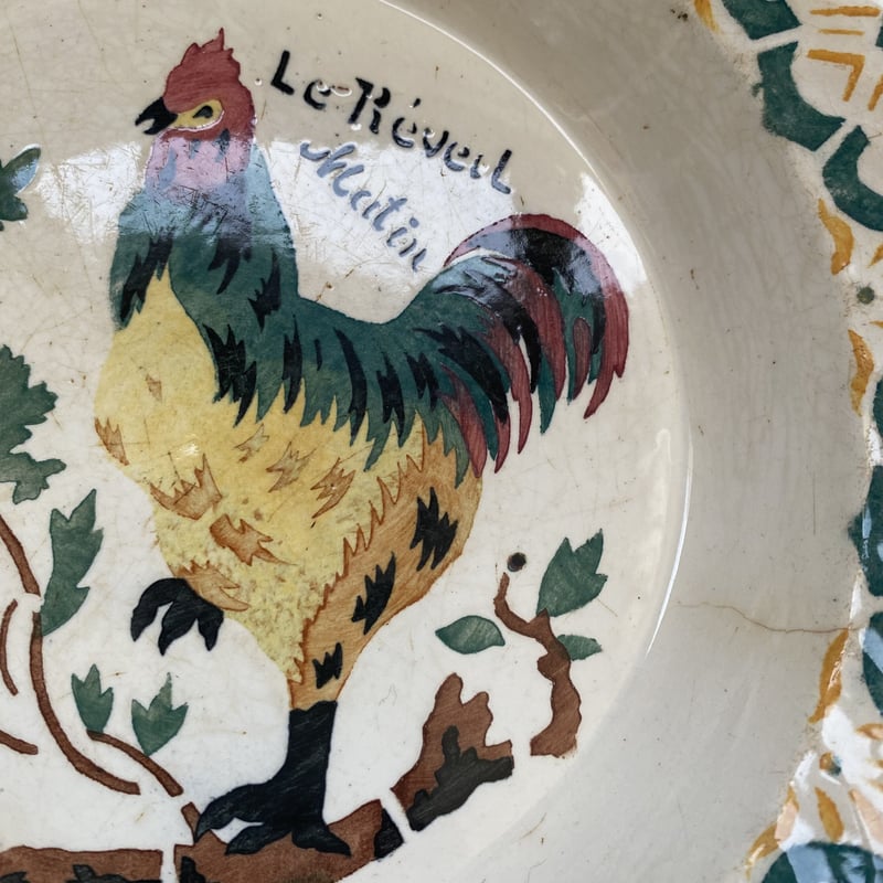 19世紀 ジアン スープ・プレート ポショワー にわとり柄 ポリクローム