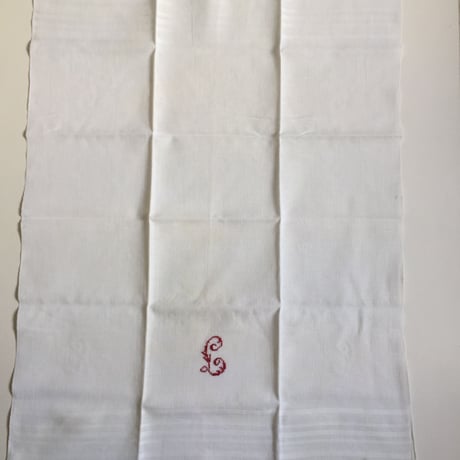 19世紀　トーション　布巾　ワッフル・コットン　刺繍、フレンジ付き　２点セット