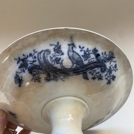 19世紀　ペクソンヌ　ファンタジー　コンポティエとプラ・ア・ガトー　小鳥と植物柄　フルー・ブルー　2点セット