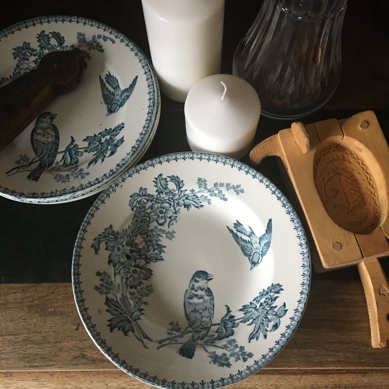 フランス プレート 鳥 メザンジュ ロンウィ 19世紀後半 B シジュウカラ柄 スープ・プレート メザンジュ ロンウィ 食器
