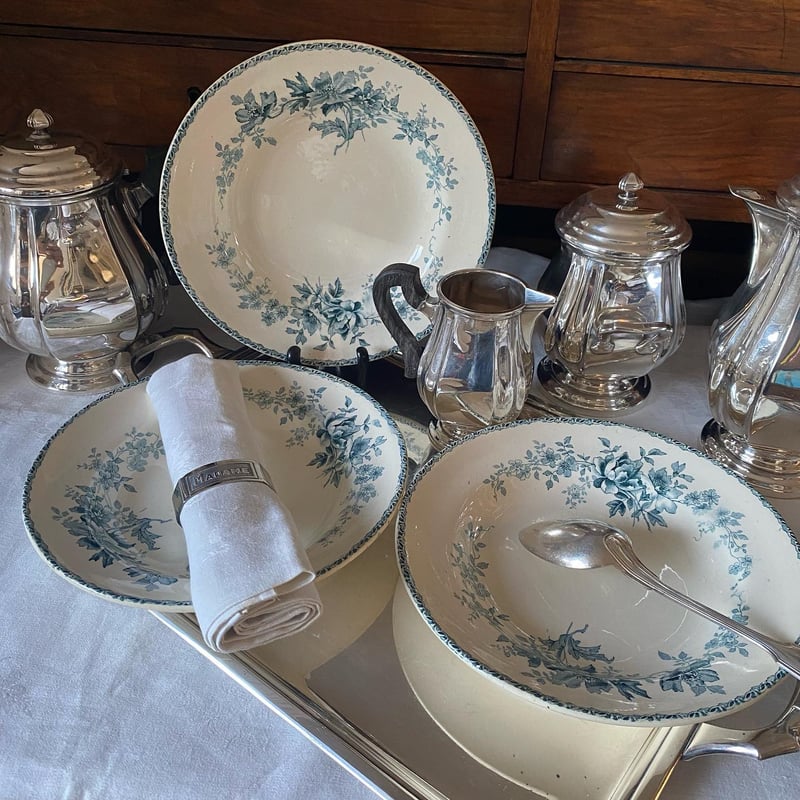 19世紀 スーププレート ばらとひなげし柄 デカルコマニー ブルー 1