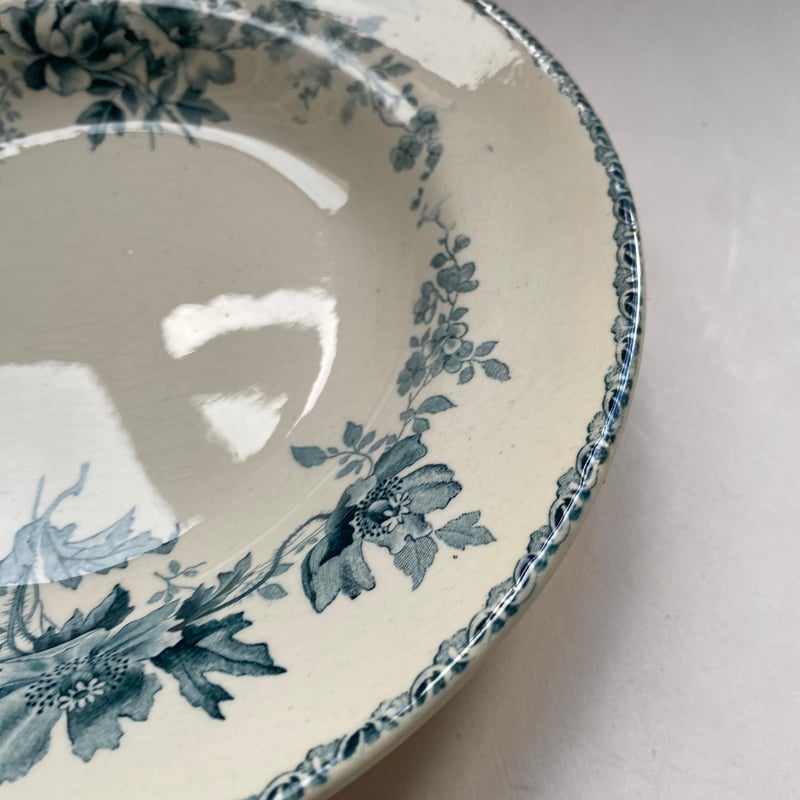 19世紀 スーププレート ばらとひなげし柄 デカルコマニー ブルー 1