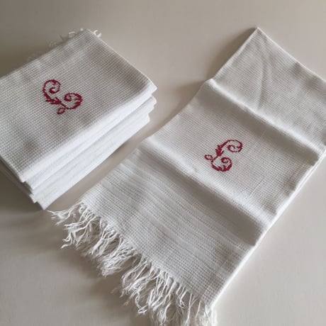 19世紀　トーション　布巾　ワッフル・コットン　刺繍、フレンジ付き　２点セット