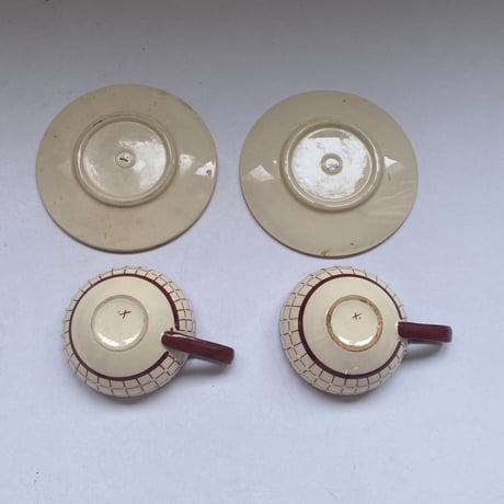 1930年代　リュネヴィル？　ティーセット　ショコラショー色　チェック