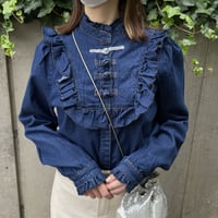 フリルスタンドカラーデニムブラウス【226-1010】