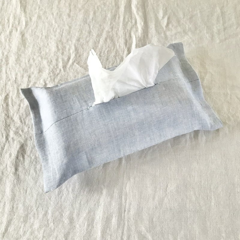 スラブlinen ボックスティッシュケースカバー ナチュラル/スカイブルー