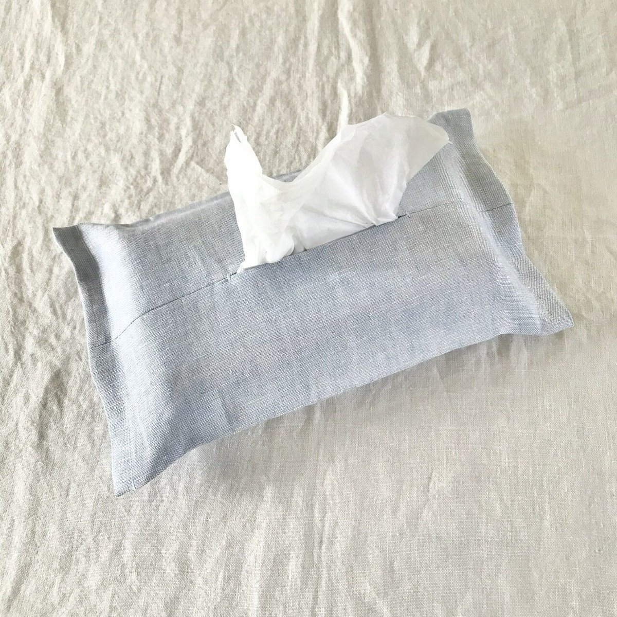 スラブlinen ボックスティッシュケースカバー ナチュラル/スカイブルー